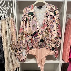 Eloquii Floral Print Bodysuit - Pink and Black